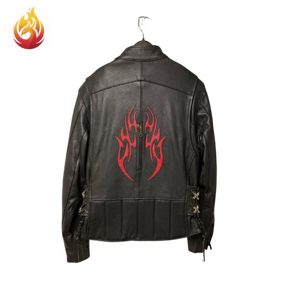 Leather Craft USA Black Motorcycle Jacket with Red  Tribal Detail XS - Picture 6 of 9